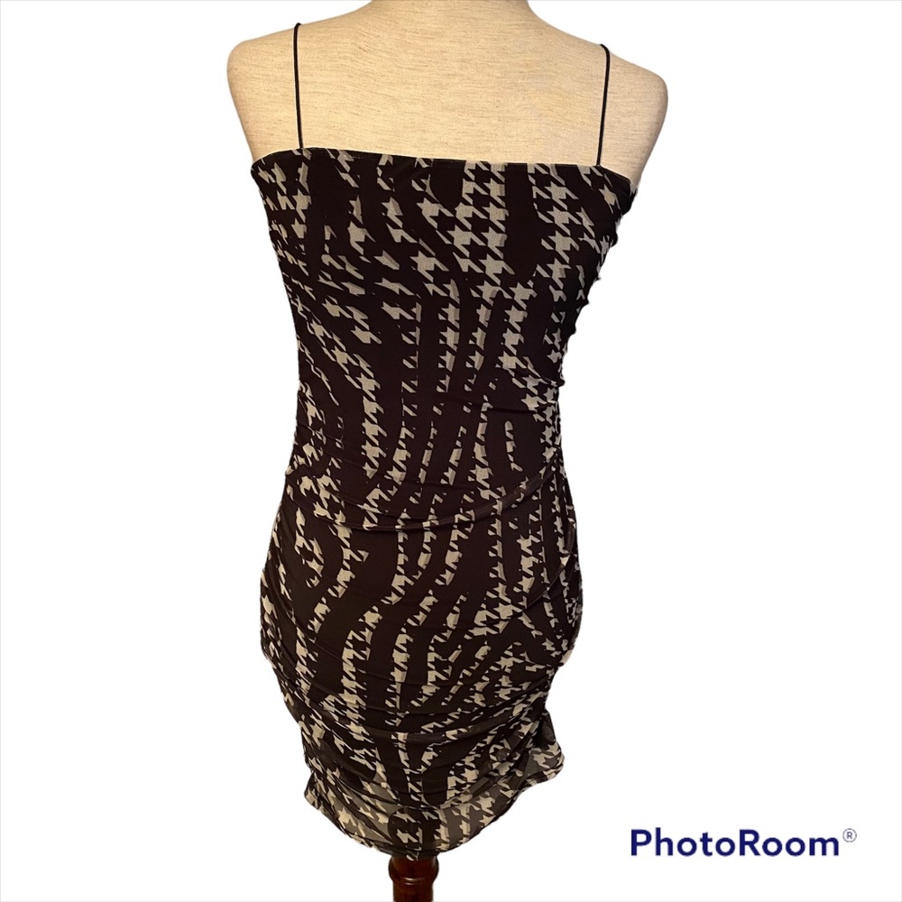 NASTY GAL NEW DRESS BLACK WHITE PRINTED MESH RUCHED MINI SIZE 4 NWT BODY-CON